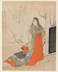 Surimono, senhora em um terraço, c.1830 (impressão em xilogravura)